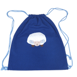 Children's drawstring bag in navy blue with embroidered sheep design, made from 100% cotton Storchenwiege® fabric.