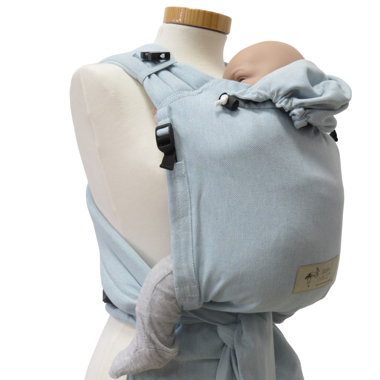 Babycarrier Aqua in ocean blue with adjustable straps for newborns up to 15 kg.