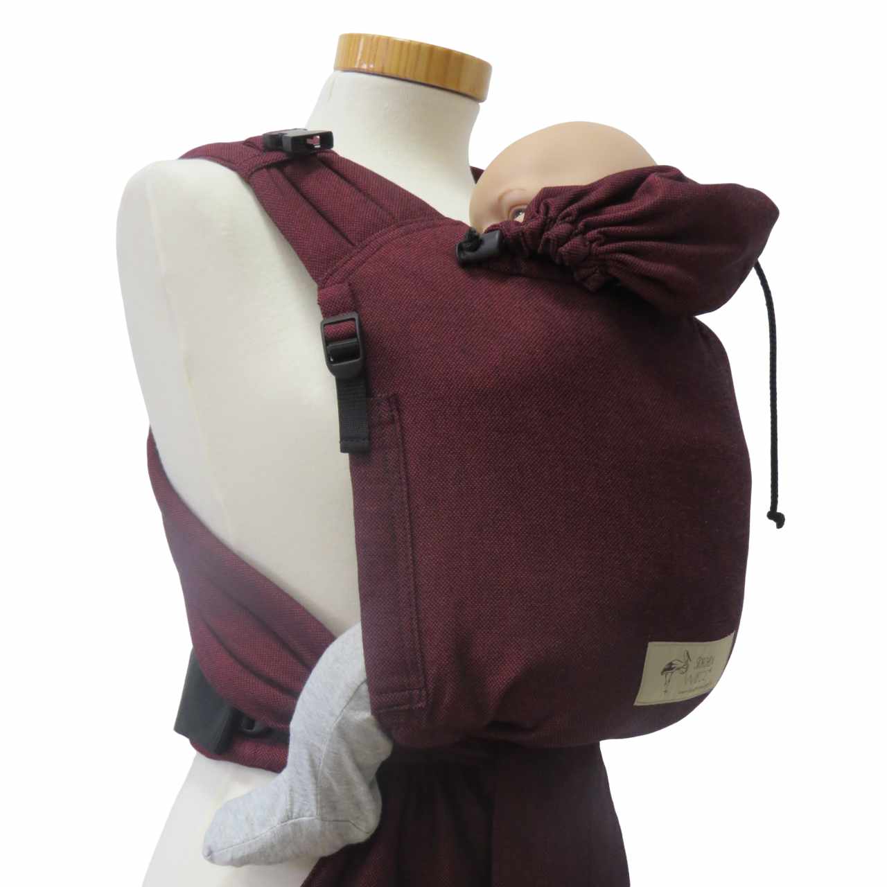 Babytrage Babycarrier Bordeaux, adjustable half-buckle, padded straps, ergonomic design, cotton fabric.
