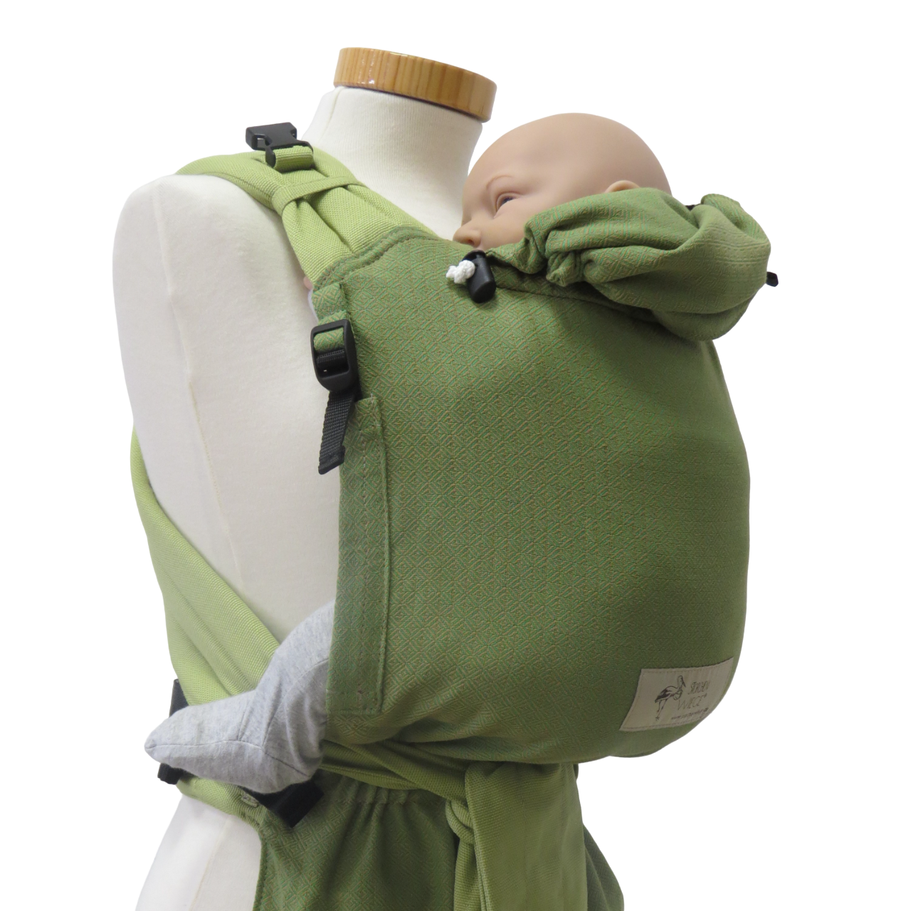 Optimal adjustable green Half-Buckle Babycarrier Leo Grün with soft web pattern, suitable from birth to 15 kg.