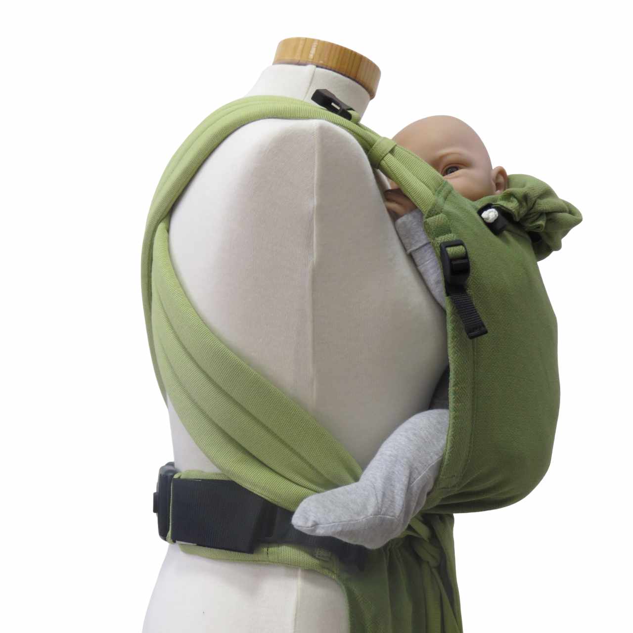 Green adjustable Babycarrier Leo, half-buckle design, comfortable padded straps, security buckle, ergonomic support for baby.