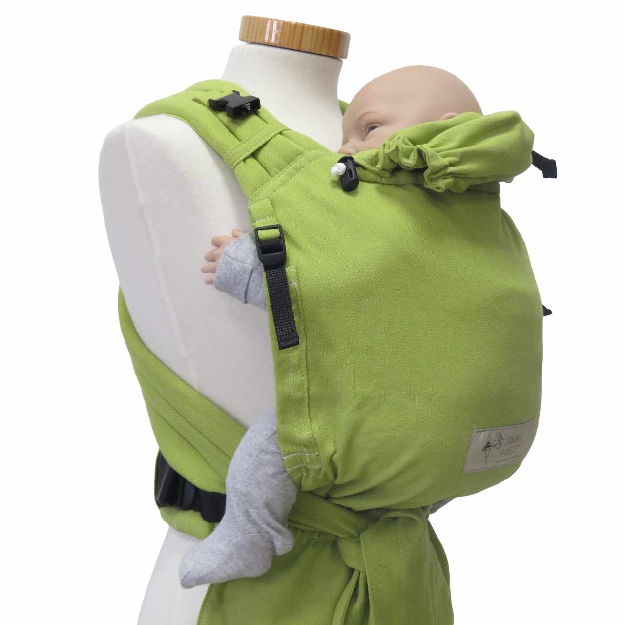 Optimal anpassbare Maigrün Babycarrier Half-Buckle-Babytrage mit gepolsterten Trägern und Bauchstütze; geeignet ab Geburt bis 15 kg.