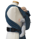 Babycarrier in turquoise with padded straps and waist belt, suitable for front and back carrying.
