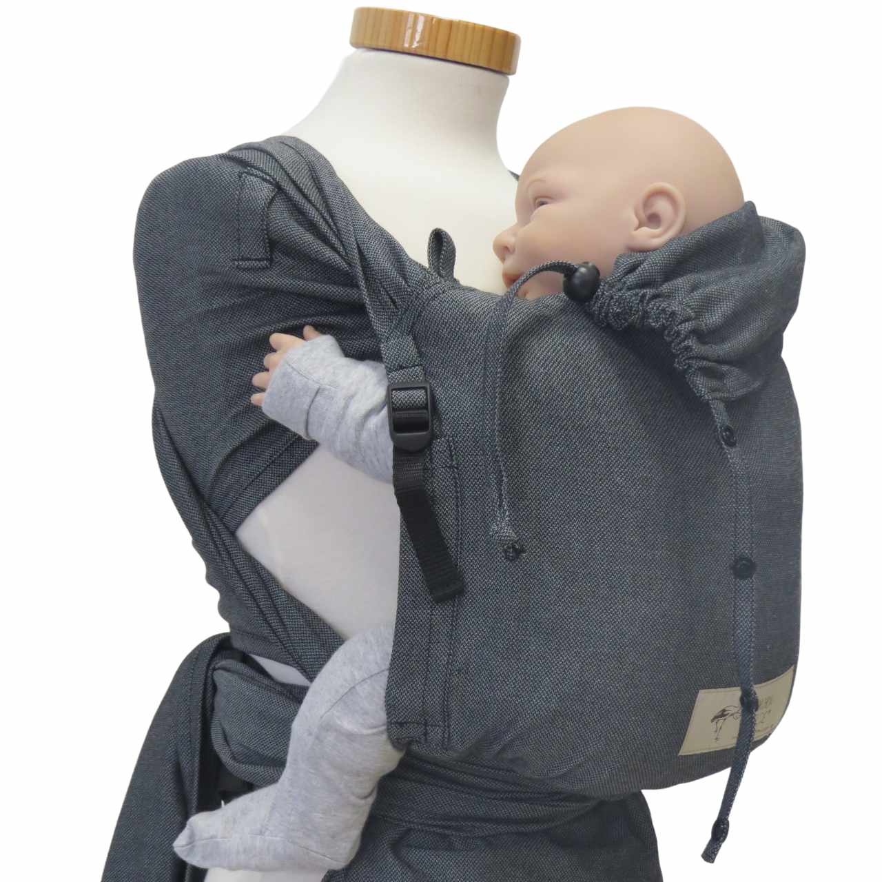 Wrapbabycarrier Graphit with adjustable straps and buckle waist belt, for newborns to 15 kg, cotton fabric.