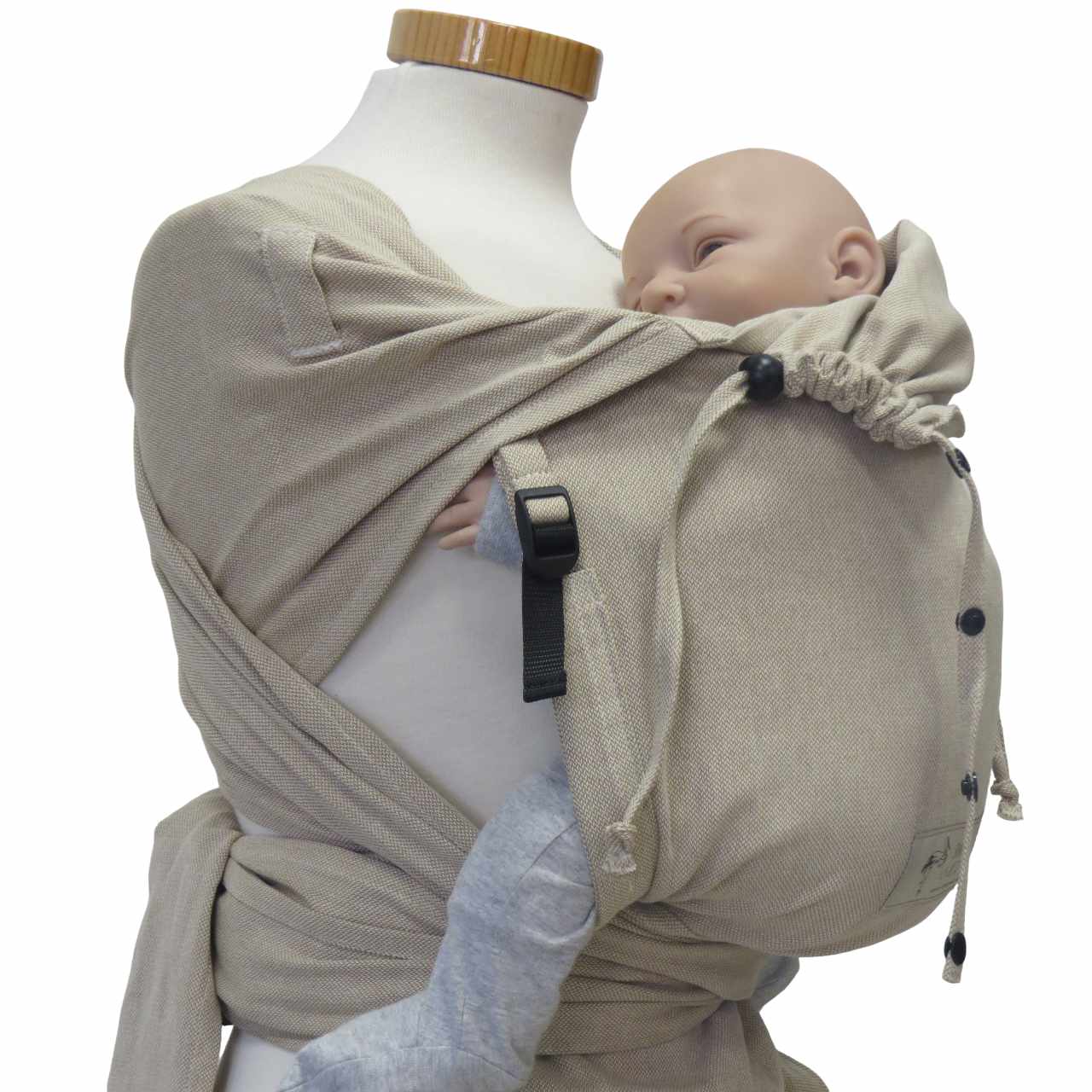 Natural Wrap Baby Carrier with broad shoulder straps and hip belt for adjustable support.