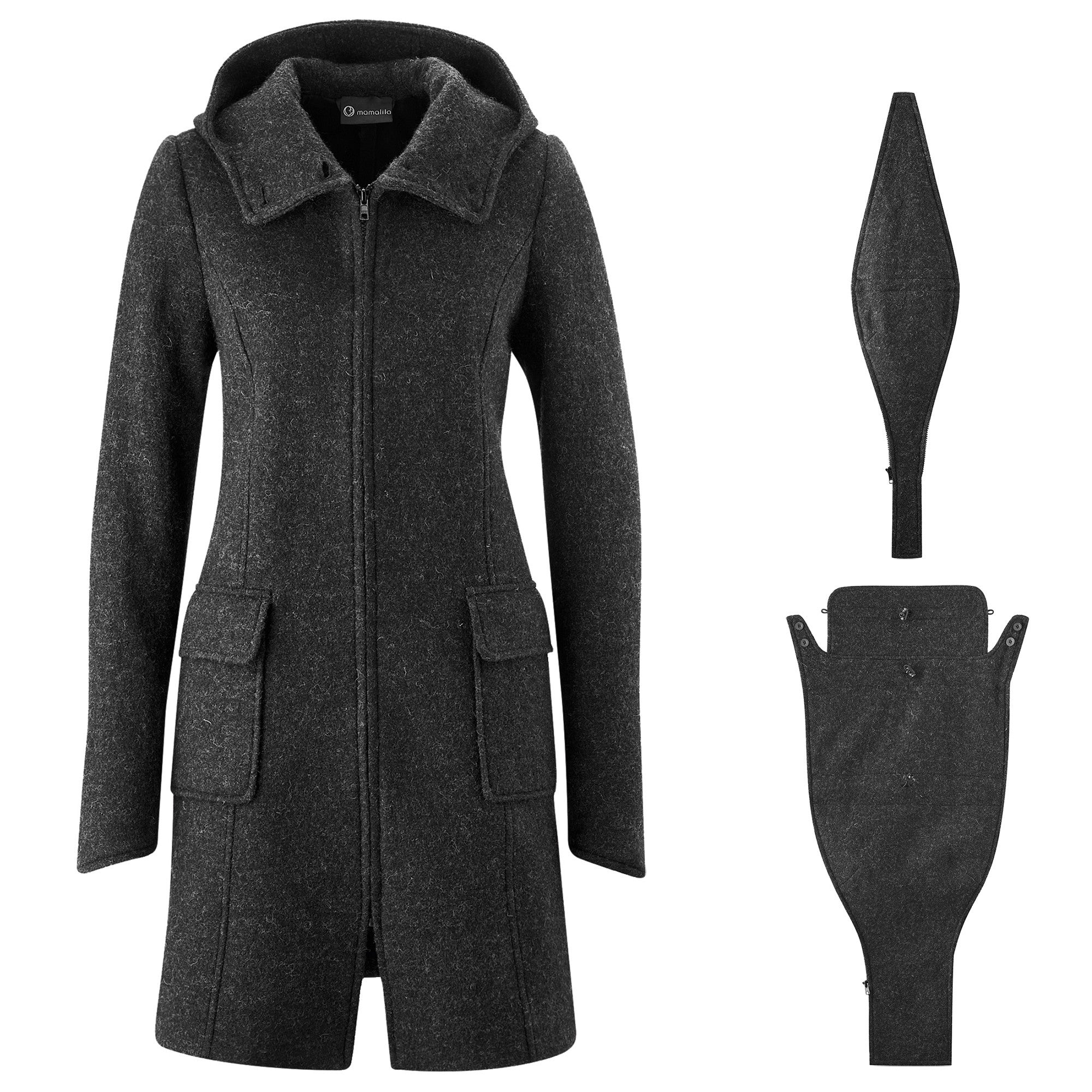 Mamalila Kapuzen Tragemantel Vienna in dark wool with adjustable baby insert.