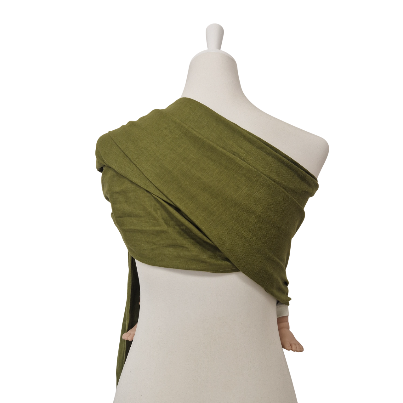 Leinen-RingSling MOOSGRÜN baby carrier in khaki linen fabric on mannequin