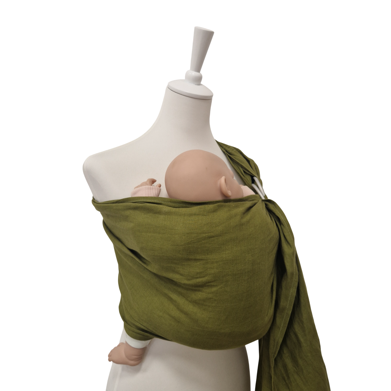 Leinen-RingSling MOOSGRÜN baby carrier made of breathable 100% linen fabric in khaki, designed for comfortable and secure babywearing from 3.5 to 15 kg.