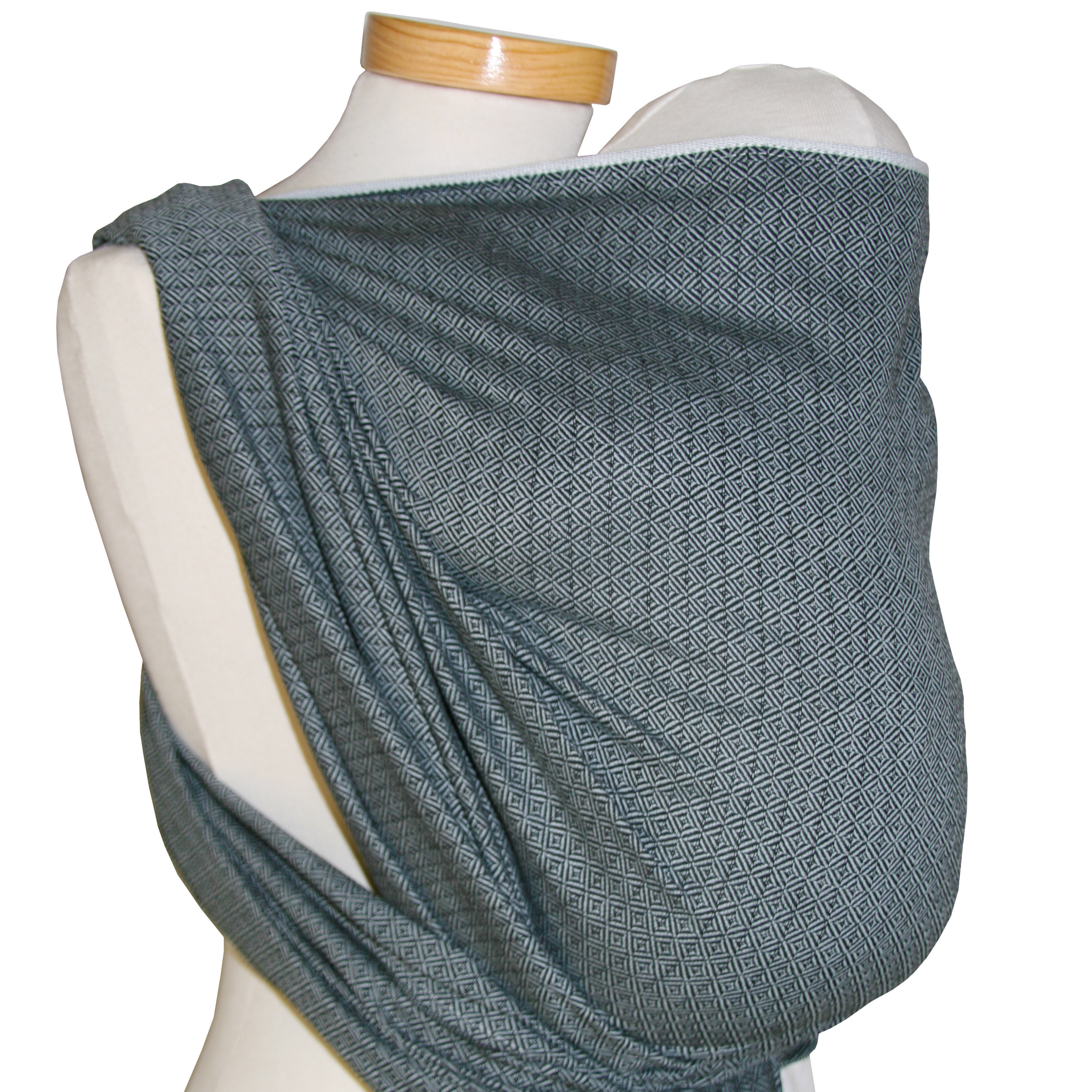 Gray baby wrap with delicate woven pattern, Tragetuch Leo, suitable from birth to toddler, 100% cotton, OEKO-TEX certified.