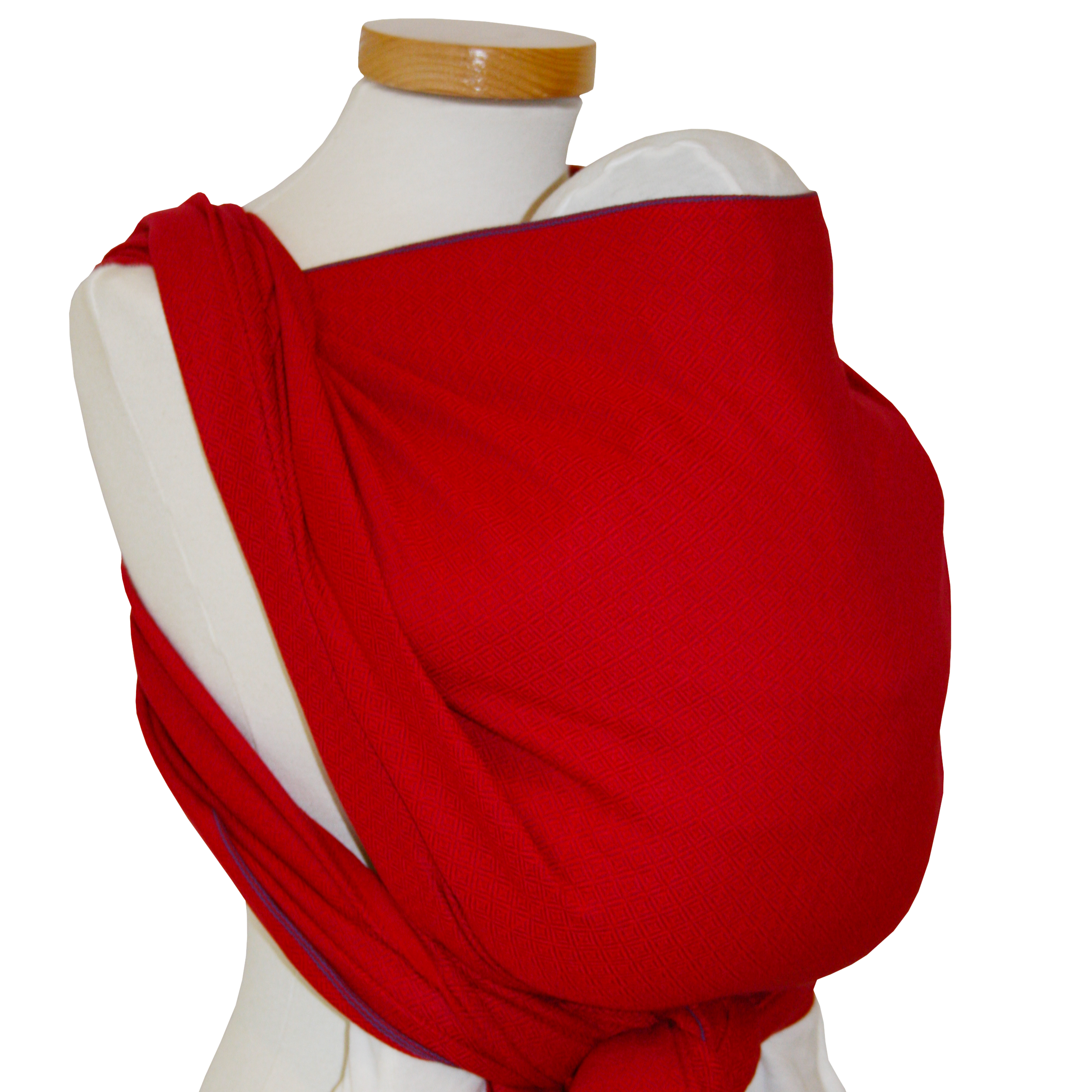 Red baby wrap with subtle woven pattern, made from 100% OEKO-TEX certified cotton, suitable from birth to toddler, easy binding with color-coded edges.