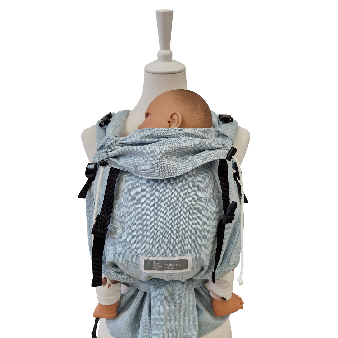 Babycarrier Aqua in hellblau mit gepolsterten Trägern und Sicherungsschnalle, für Neugeborene bis 15 kg geeignet, ergonomische Haltung garantiert