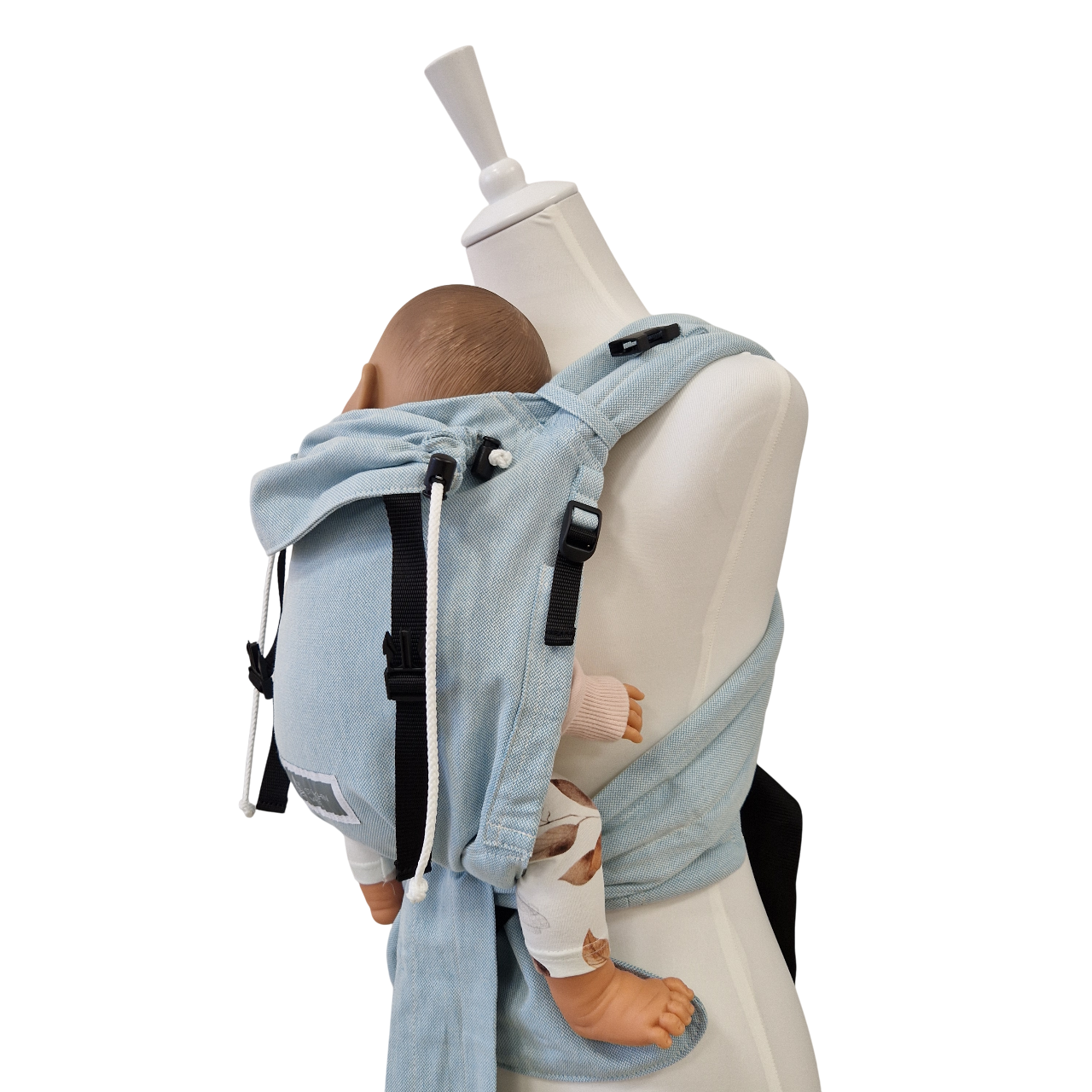 Babycarrier Aqua, verstellbare Half-Buckle-Babytrage in Aqua mit gepolsterten Trägern und Bauchgurt, geeignet von Geburt an bis 15 kg, inklusive Brustgurt für Rückentrageweise, aus 100% Baumwolle.
