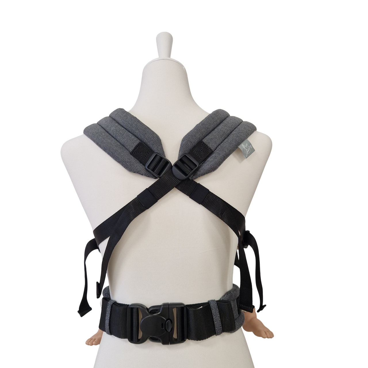 Valeno Graphit baby carrier with padded straps and secure buckles shown from back