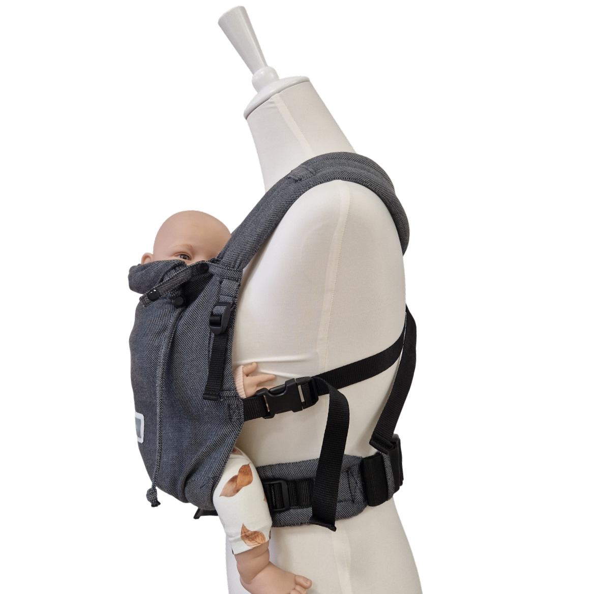 Valeno Graphit baby carrier with full buckle, ergonomic design, adjustable straps, and integrated head support in dark gray.