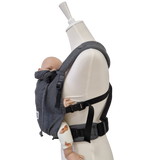 Valeno Graphit baby carrier with full buckle, ergonomic design, adjustable straps, and integrated head support in dark gray.