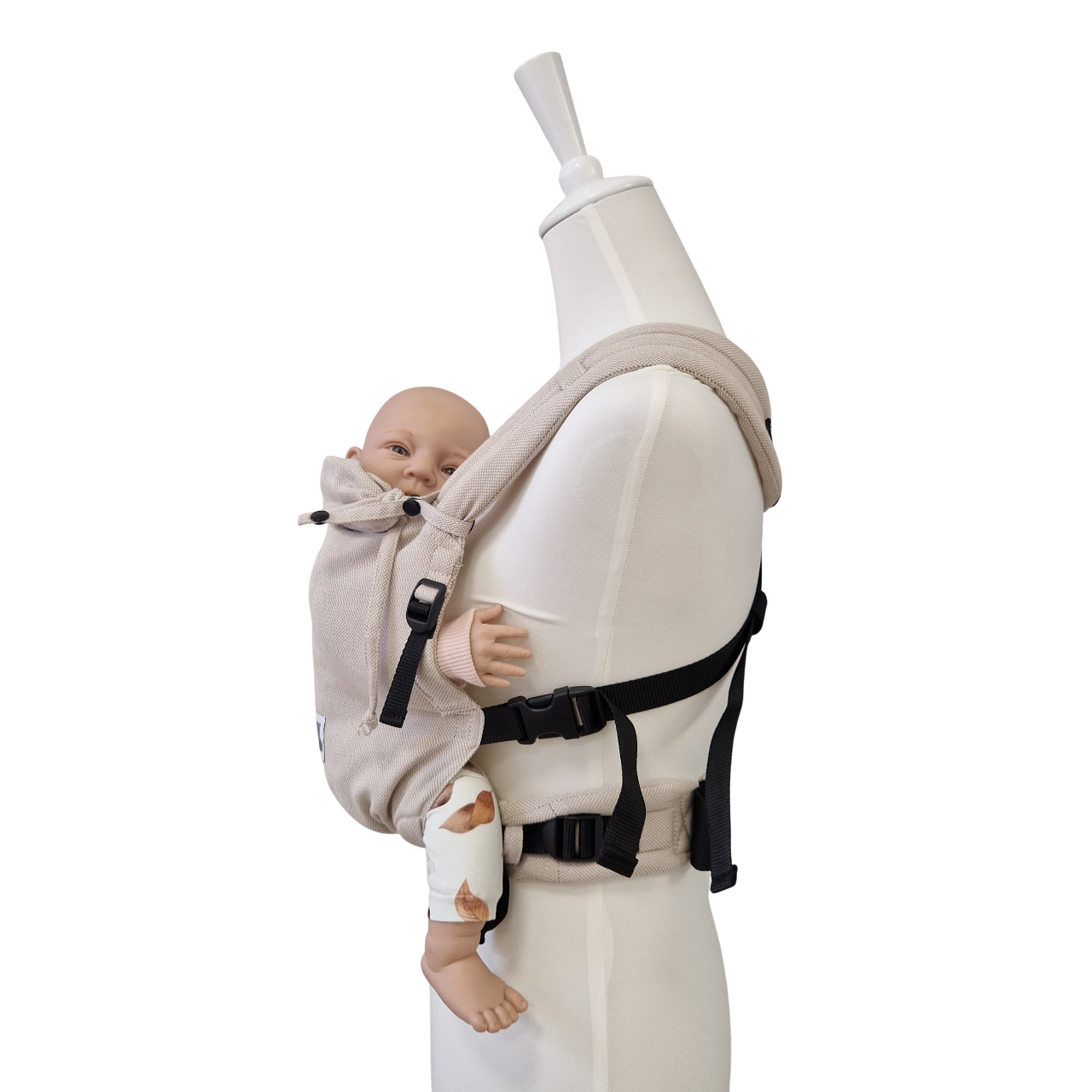 Valeno Mondstein baby carrier with full buckle, padded straps, adjustable seating, and integrated head support in beige cotton