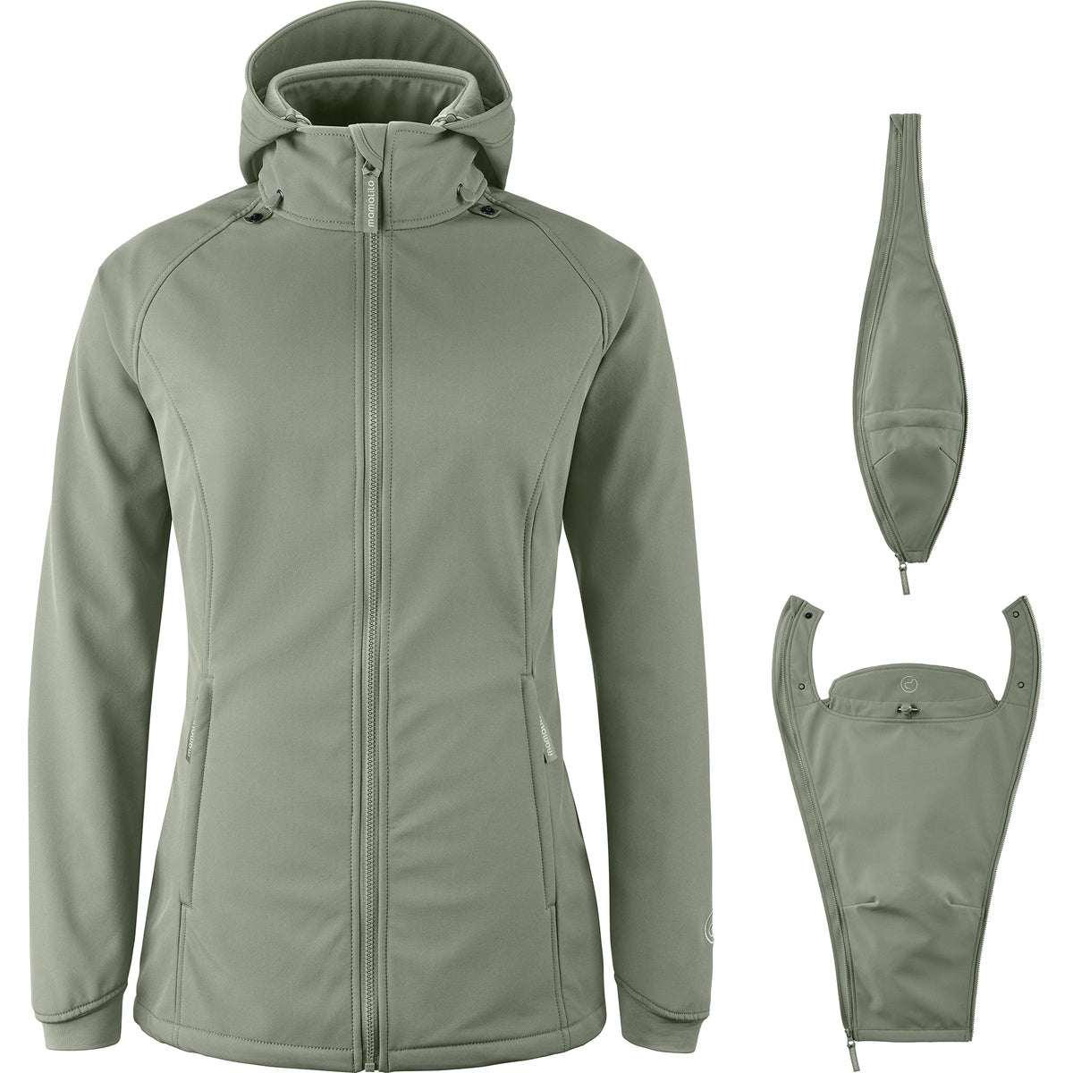 Mamalila Softshell-Tragejacke Allrounder fit in sage green, maternity and babywearing jacket with detachable baby carrier inserts, lightweight fleece-lined, water-resistant, recycled polyester.