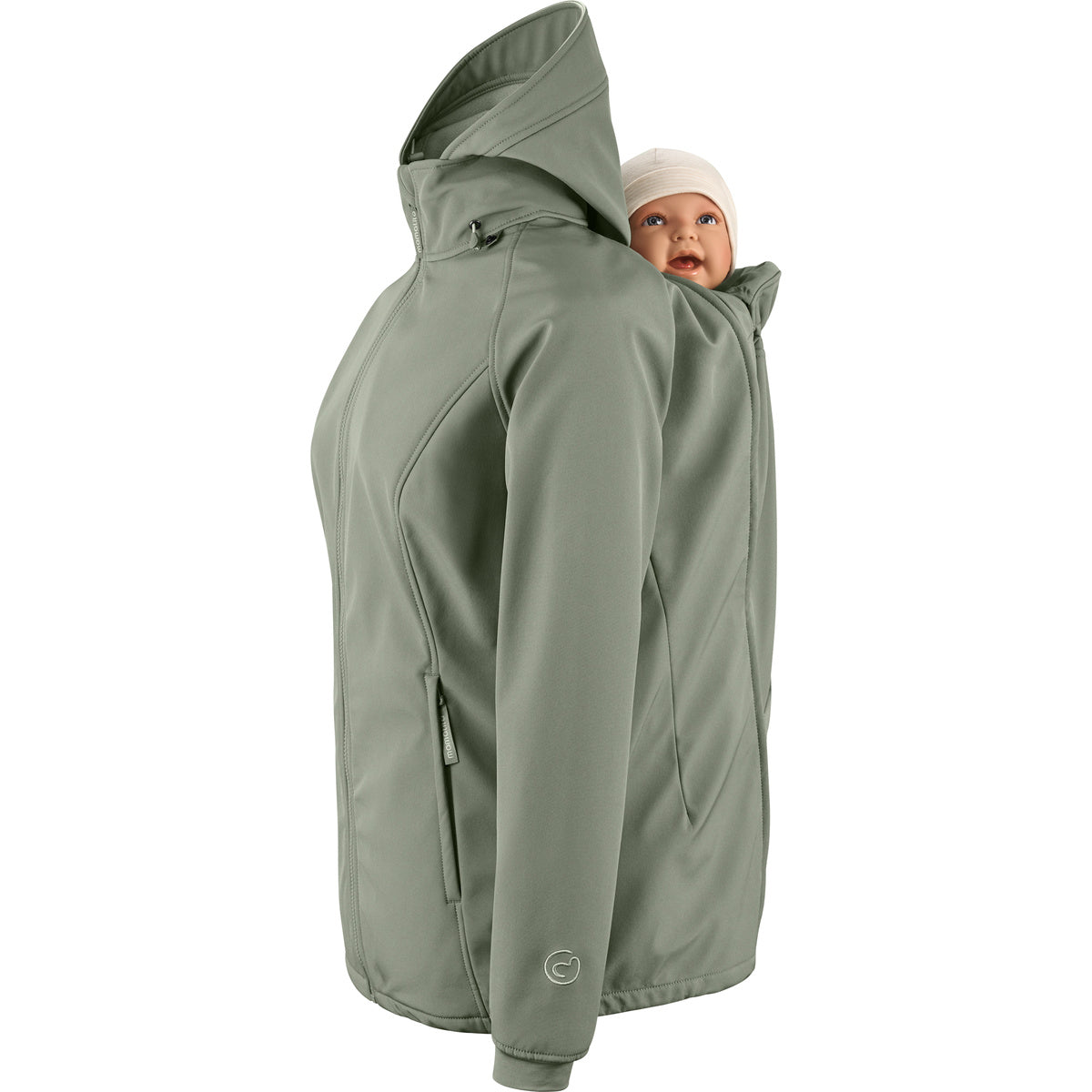 Mamalila Softshell-Tragejacke Allrounder fit in green with baby carrier insert for pregnancy and babywearing