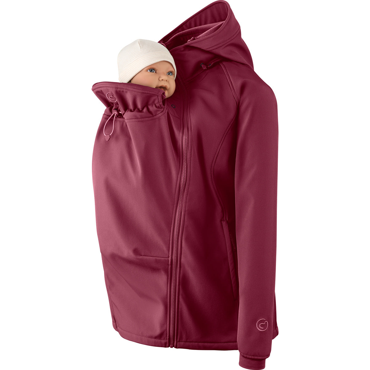Mamalila Softshell-Tragejacke in rot mit Babytragfunktion und wetterfestem, warmem Fleecefutter