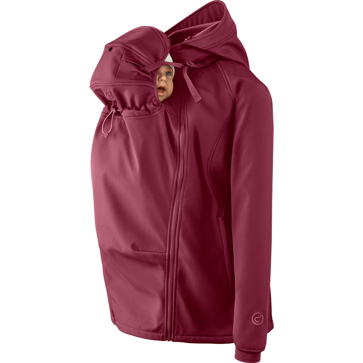 Mamalila Softshell-Tragejacke allrounder fit maternity and babywearing jacket in dark red with hood and fleece lining