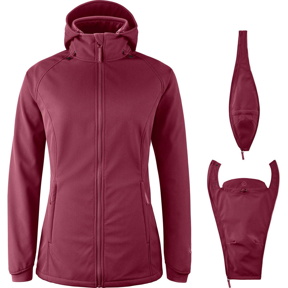 Mamalila Softshell-Tragejacke Allrounder fit in berry red, wind- and water-resistant maternity and babywearing jacket with fleece lining and detachable extensions for babywearing front or back.