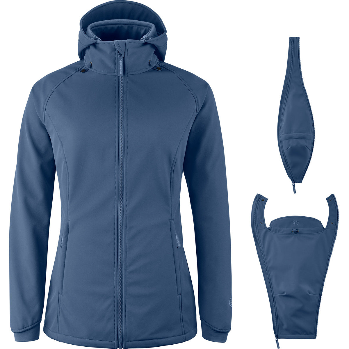 Mamalila Softshell-Tragejacke Allrounder fit blue maternity and babywearing jacket with hood and fleece lining