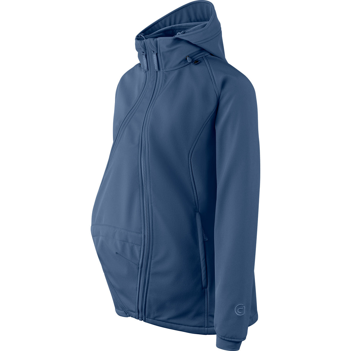 Mamalila Softshell-Tragejacke Allrounder fit blue maternity and babywearing jacket with hood and fleece lining