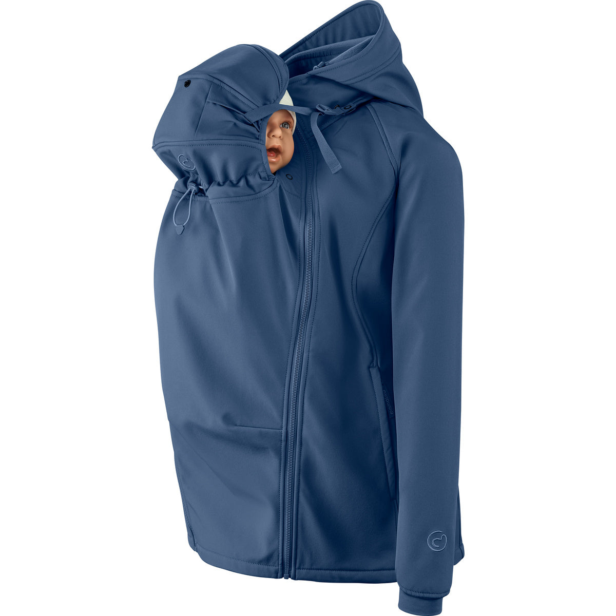Mamalila Softshell-Tragejacke Allrounder fit in blue with baby insert for front or back carrying, water-resistant and warm fleece-lined jacket for pregnancy and babywearing