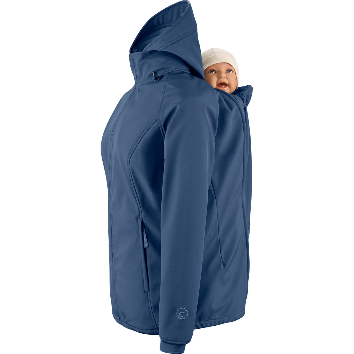 Mamalila Softshell-Tragejacke in blau für Schwangerschaft und Babytragen mit Fleecefutter, wind- und regendicht