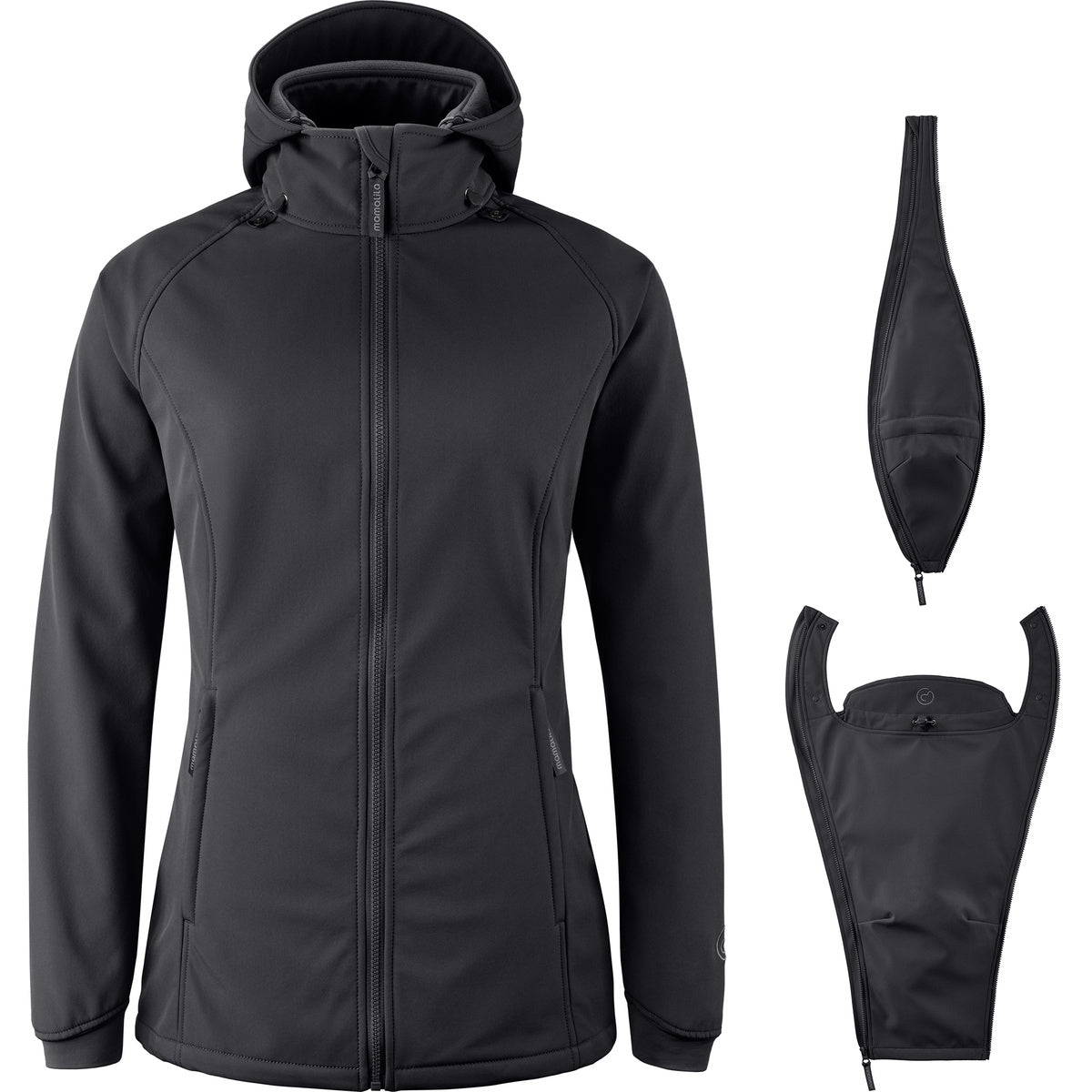 Mamalila Softshell-Tragejacke Allrounder fit, wind- und wasserdicht, für Schwangerschaft und Babytragen, schwarz, recyceltes Polyester, leicht gefüttert