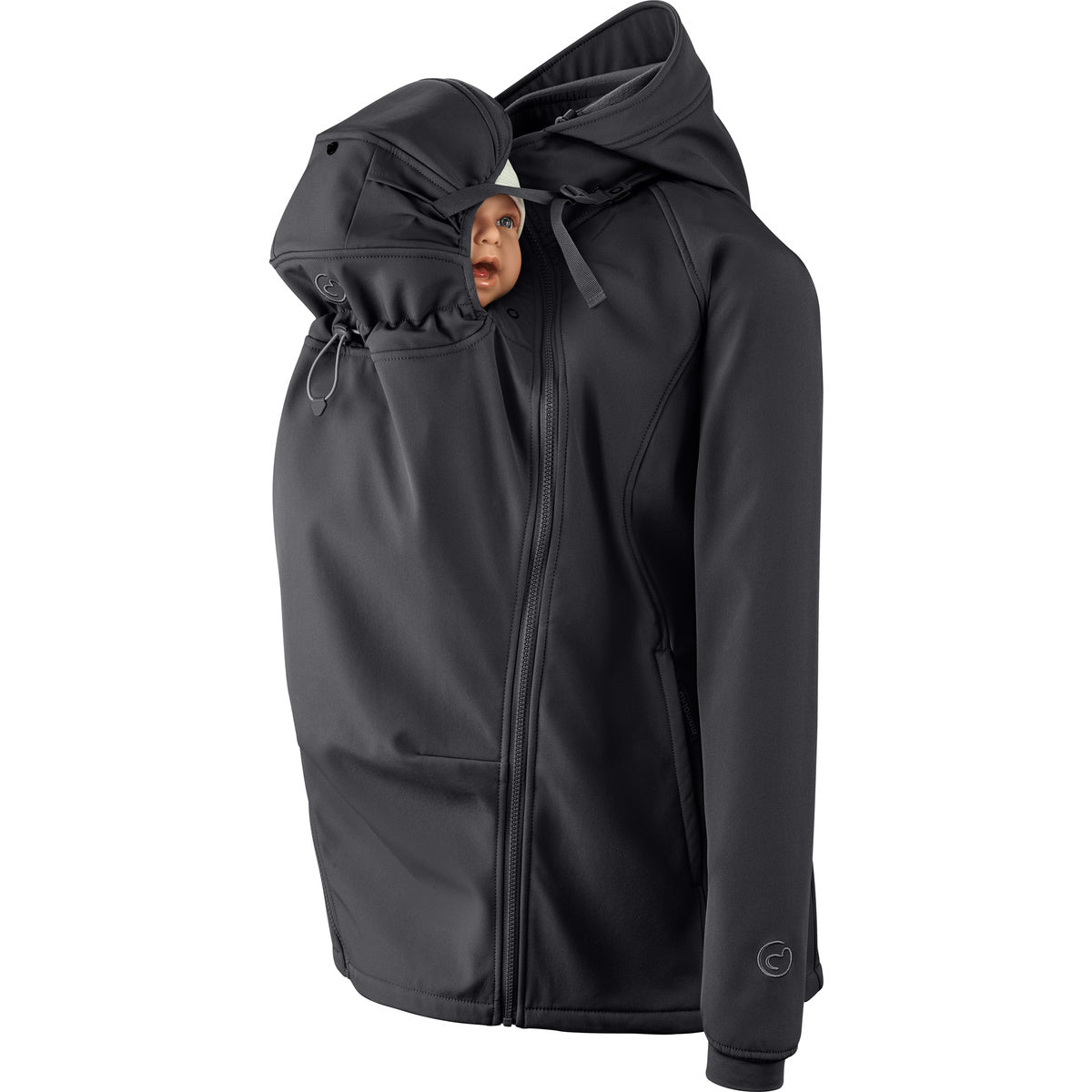 Mamalila Softshell-Tragejacke schwarz für Schwangerschaft und Babytragen mit Kapuze und Fleecefutter