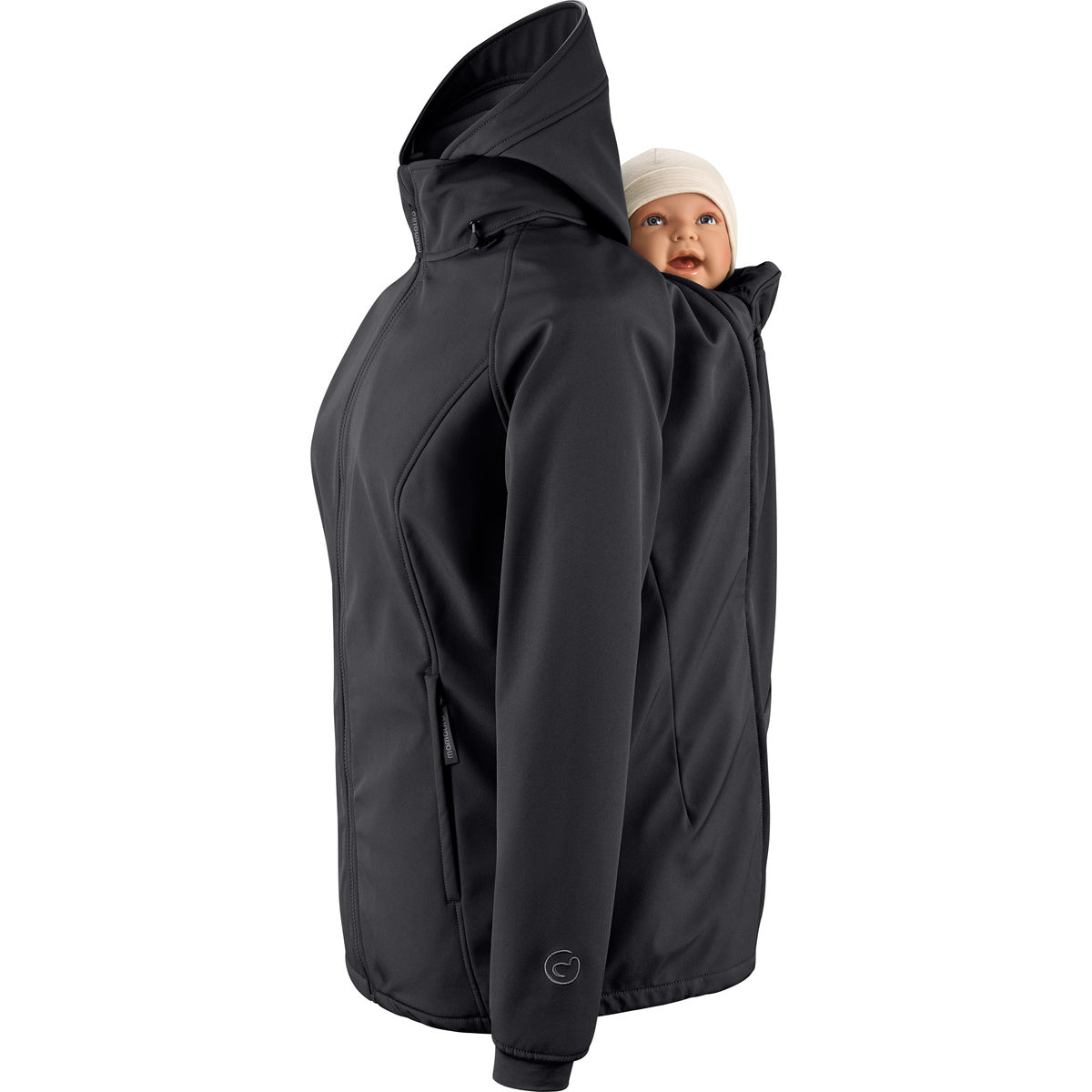 Mamalila Softshell-Tragejacke in Schwarz für Schwangerschaft und Babytragen mit wind- und regendichtem Material