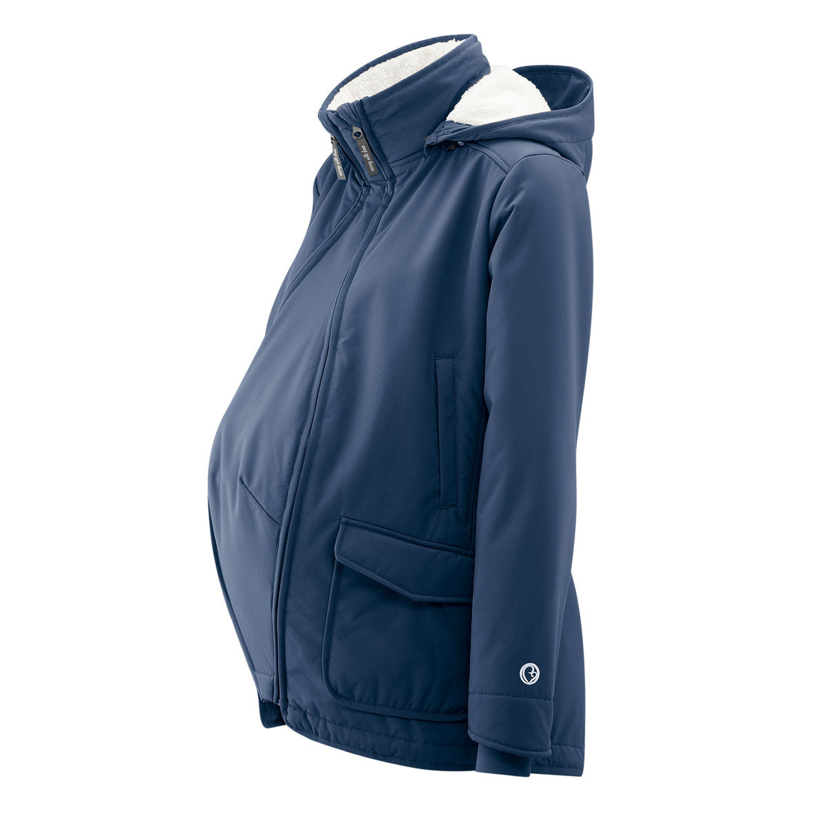 Mamalila Allwetter Tragejacke Cosy Allrounder navy blue waterproof maternity babywearing jacket with teddy fleece lining and foldable baby hood