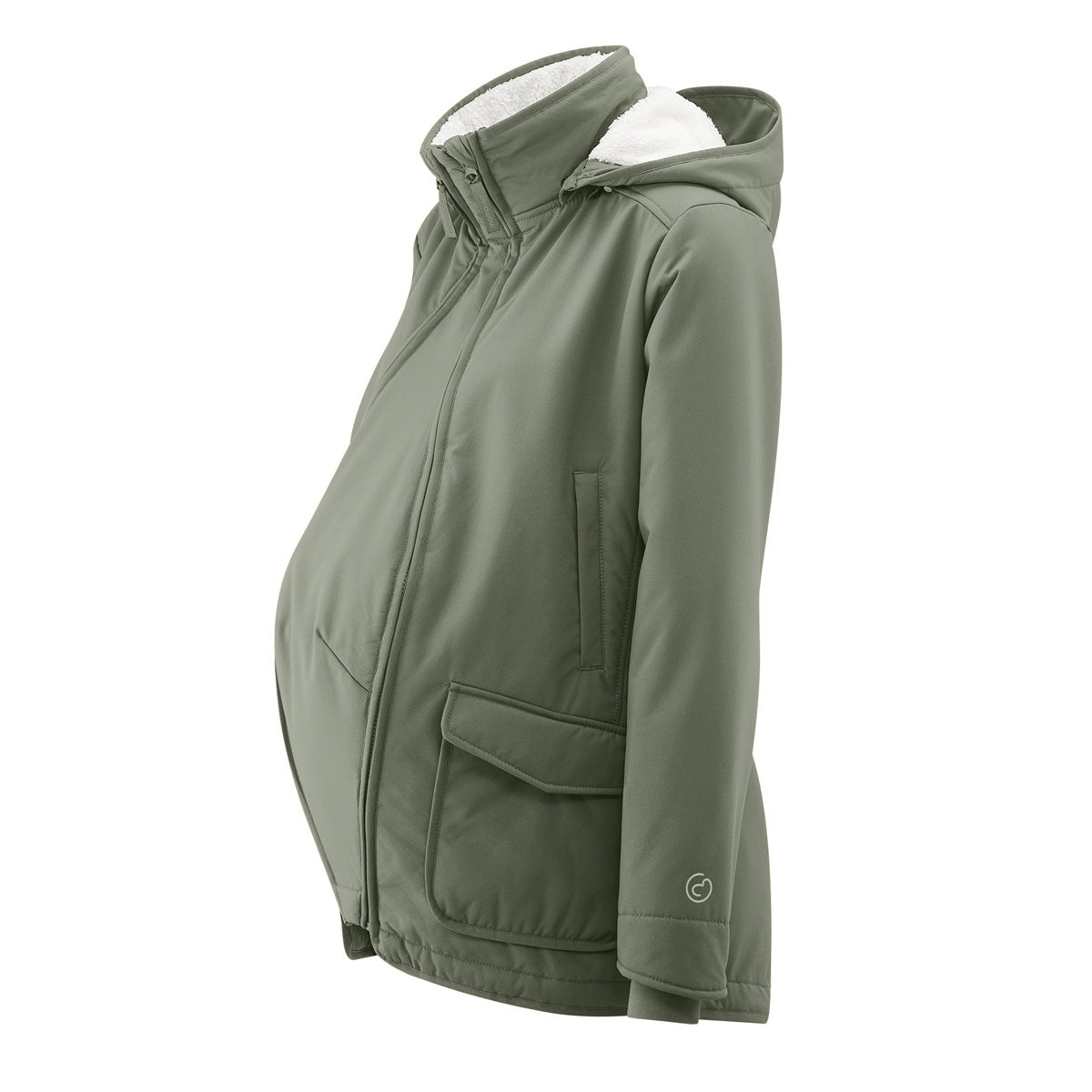 Mamalila Allwetter Tragejacke Cosy Allrounder in olivegrün mit Teddyfutter und abnehmbarer Babykapuze, winddicht, wasserabweisend und atmungsaktiv, ideal für Tragekomfort im Winter