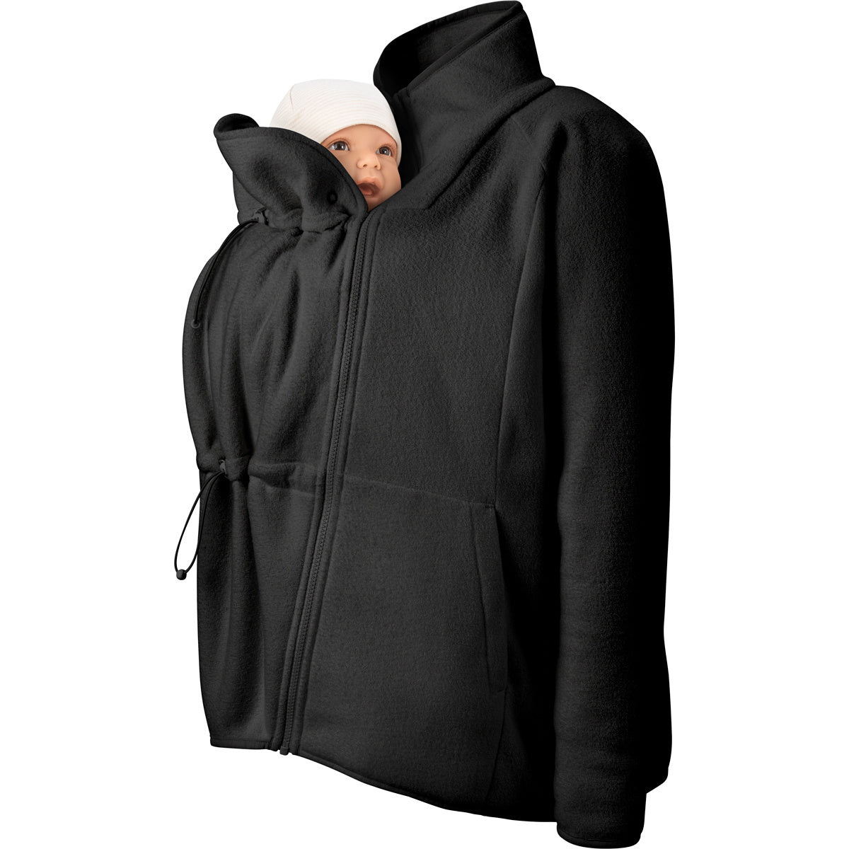 Black Mamalila Fleece Tragejacke babywearing jacket with breathable micro-sherpa fleece and adjustable neck protection
