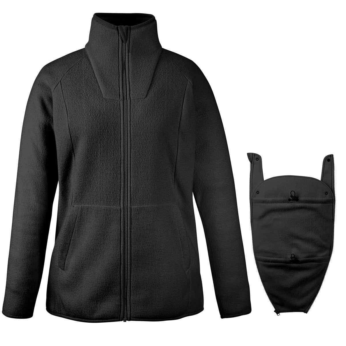 Black Mamalila fleece jacket designed for babywearing with a detachable baby cocoon and high collar for neck protection.