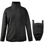 Black Mamalila fleece jacket designed for babywearing with a detachable baby cocoon and high collar for neck protection.
