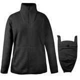 Black Mamalila fleece jacket designed for babywearing with a detachable baby cocoon and high collar for neck protection.