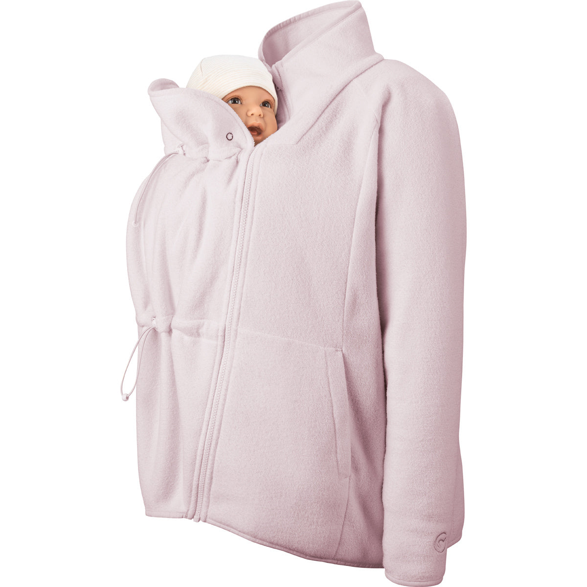 Mamalila Fleece Tragejacke in Rosa mit atmungsaktivem Micro-Sherpa-Fleece und Nackenschutz zum Babytragen vorne und hinten.