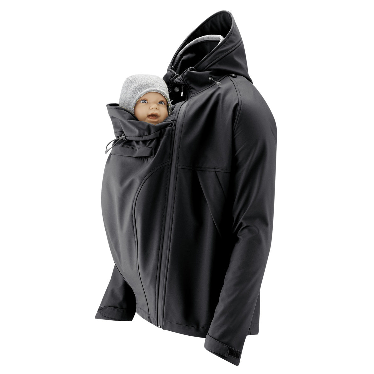 Mamalila Softshell Tragejacke Männer Allrounder in black with integrated baby carrier and fleece lining, waterproof and windproof jacket for dads.