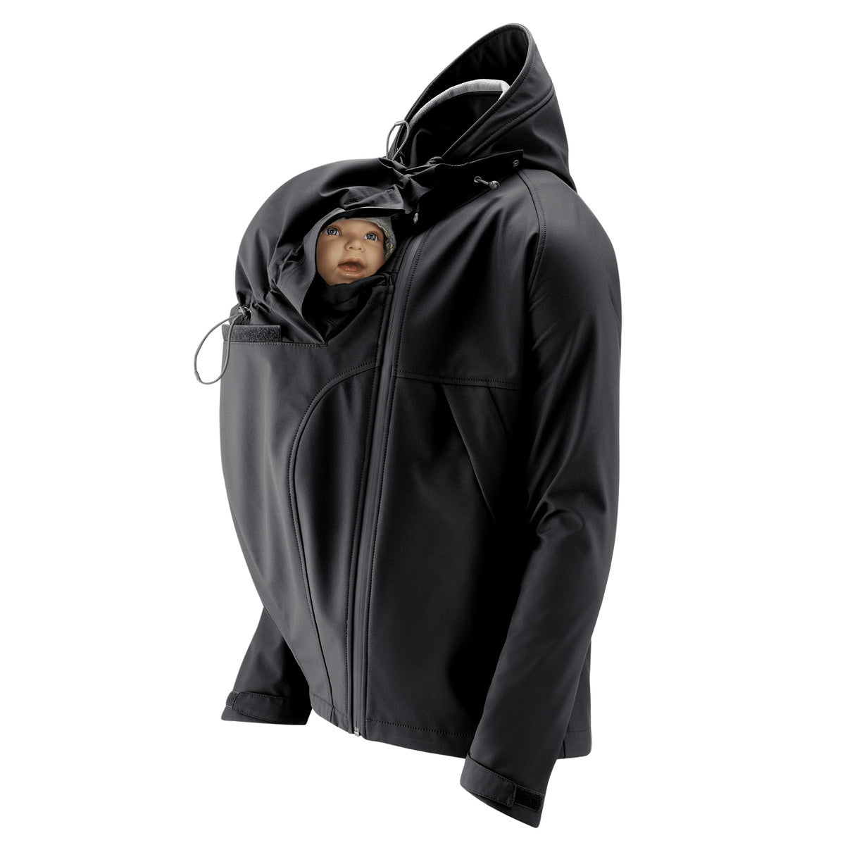 Mamalila Softshell Tragejacke men’s babywearing jacket with foldable baby hood and fleece lining in black