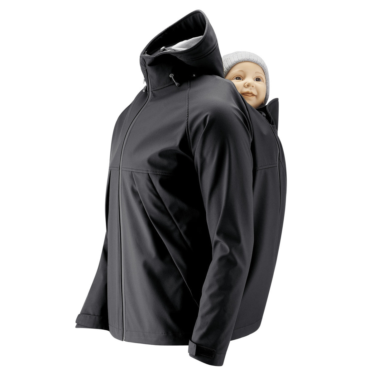 Black Mamalila Softshell Tragejacke men's babywearing jacket with integrated baby hood and fleece lining for autumn and mild winter weather