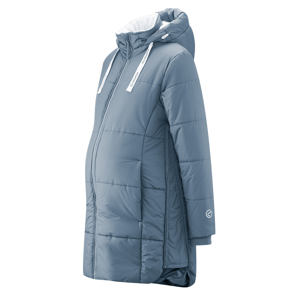 Mamalila Winter-Tragemantel Copenhagen warm padded maternity coat with hood and zip pockets in blue