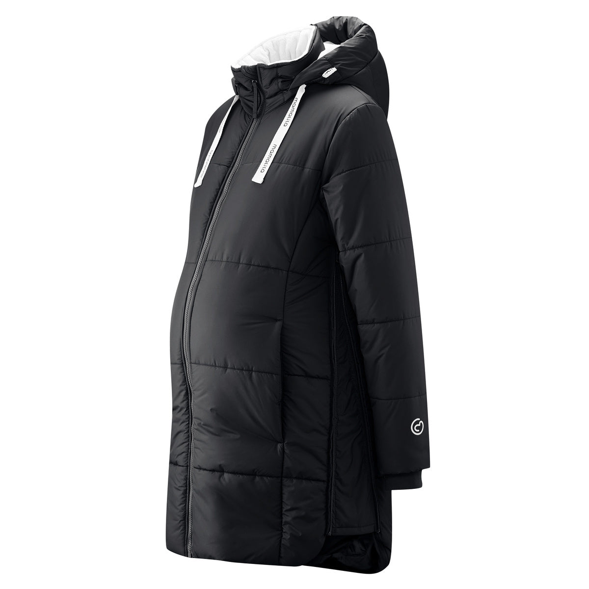 Mamalila Winter-Tragemantel black padded warm babywearing coat with hood and zipper pockets