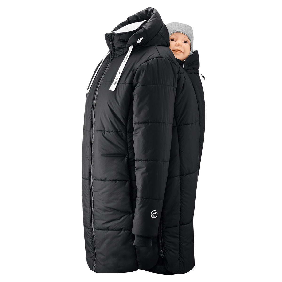 Mamalila Winter-Tragemantel Copenhagen black warm babywearing coat with hood and zippered pockets