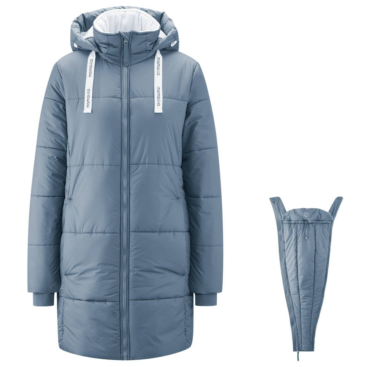 Mamalila Winter-Tragemantel Copenhagen in blau, warmer Steppmantel mit Kapuze und Babytrageeinsatz für kalte Wintertage