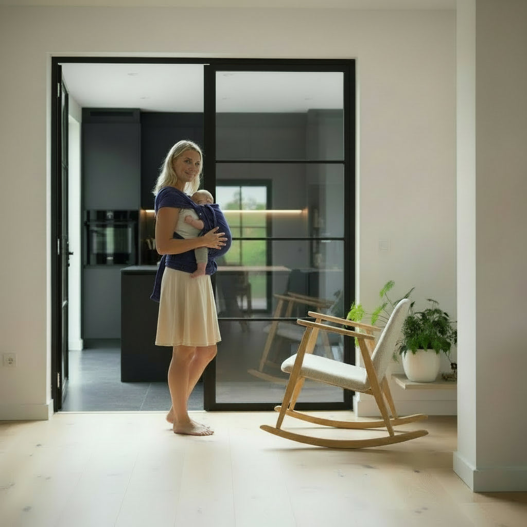 Wrapbabycarrier Jeans Babytrage mit breiten Schulterträgern und Hüftgurt aus 100% Baumwolle, optimal anpassbar für Neugeborene bis 15 kg