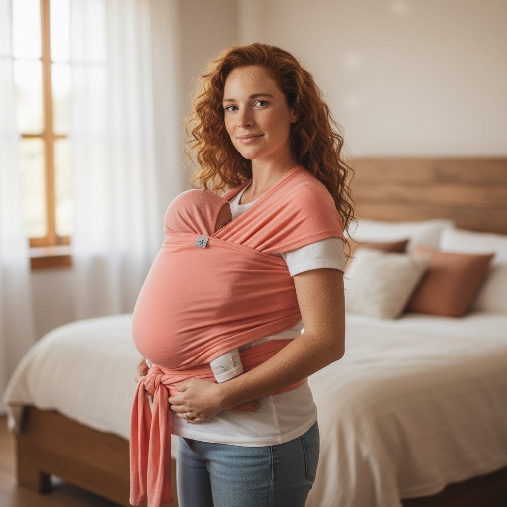Frau trägt Baby im weichen, elastischen Bambustragetuch APRICOT in lachsfarbener Farbe im Schlafzimmer
