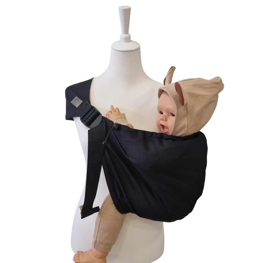 Hipino Schwarz Hüfttrage aus 100% Baumwolle, bequem und schnell angelegt, für Kinder 5-20 kg, links und rechts tragbar, in der Tschechischen Republik gefertigt