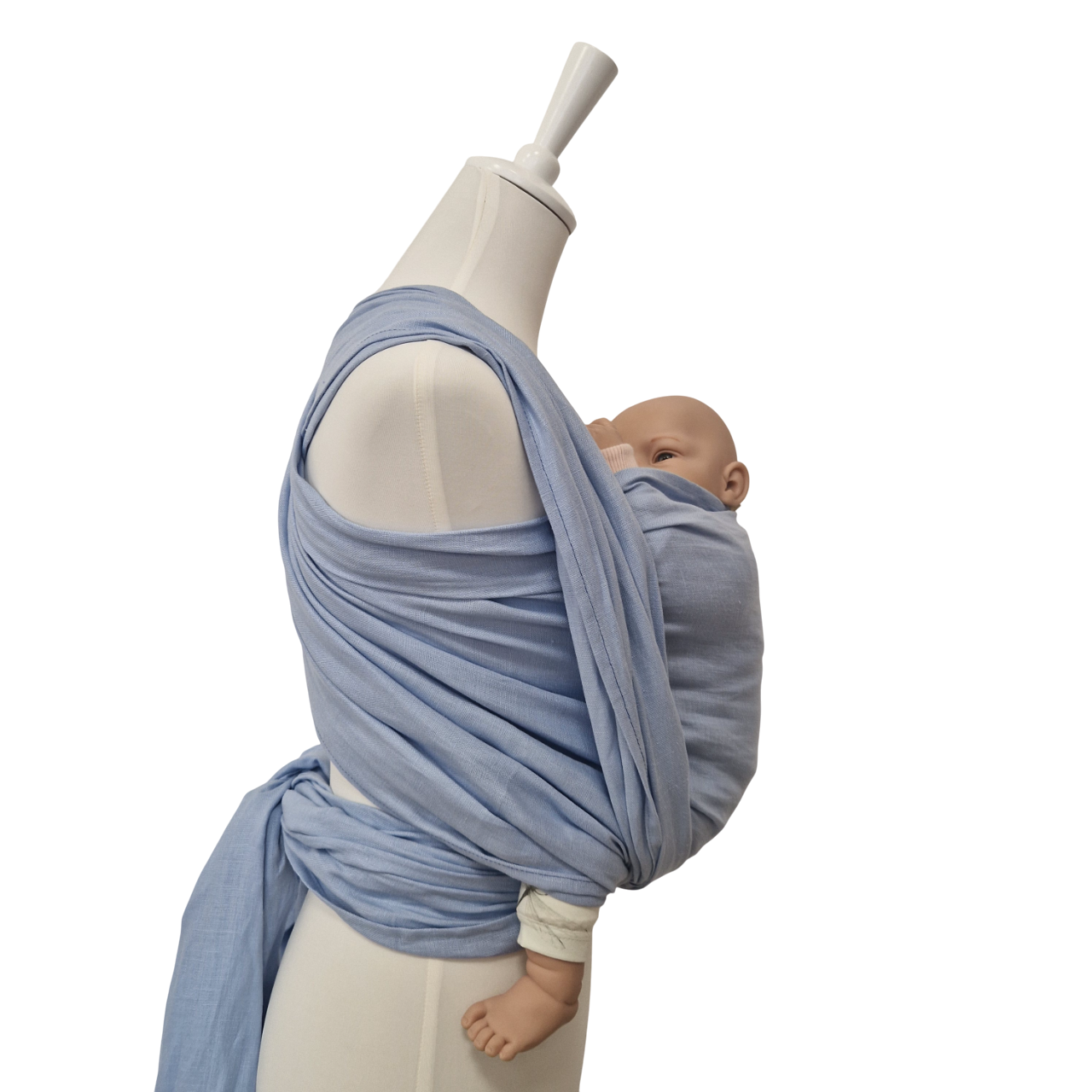 Leinentragetuch KRISTALLKLAR hellblau aus 100% Leinen mit Babytrage auf Mannequin